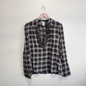 SUNDANCE Womens L Gray Purple Plaid Top Ruffle Raw Neckline Large